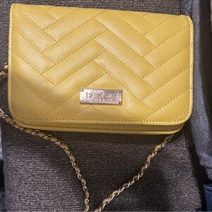 bebe Yellow Quilted Crossbody with Gold Chain